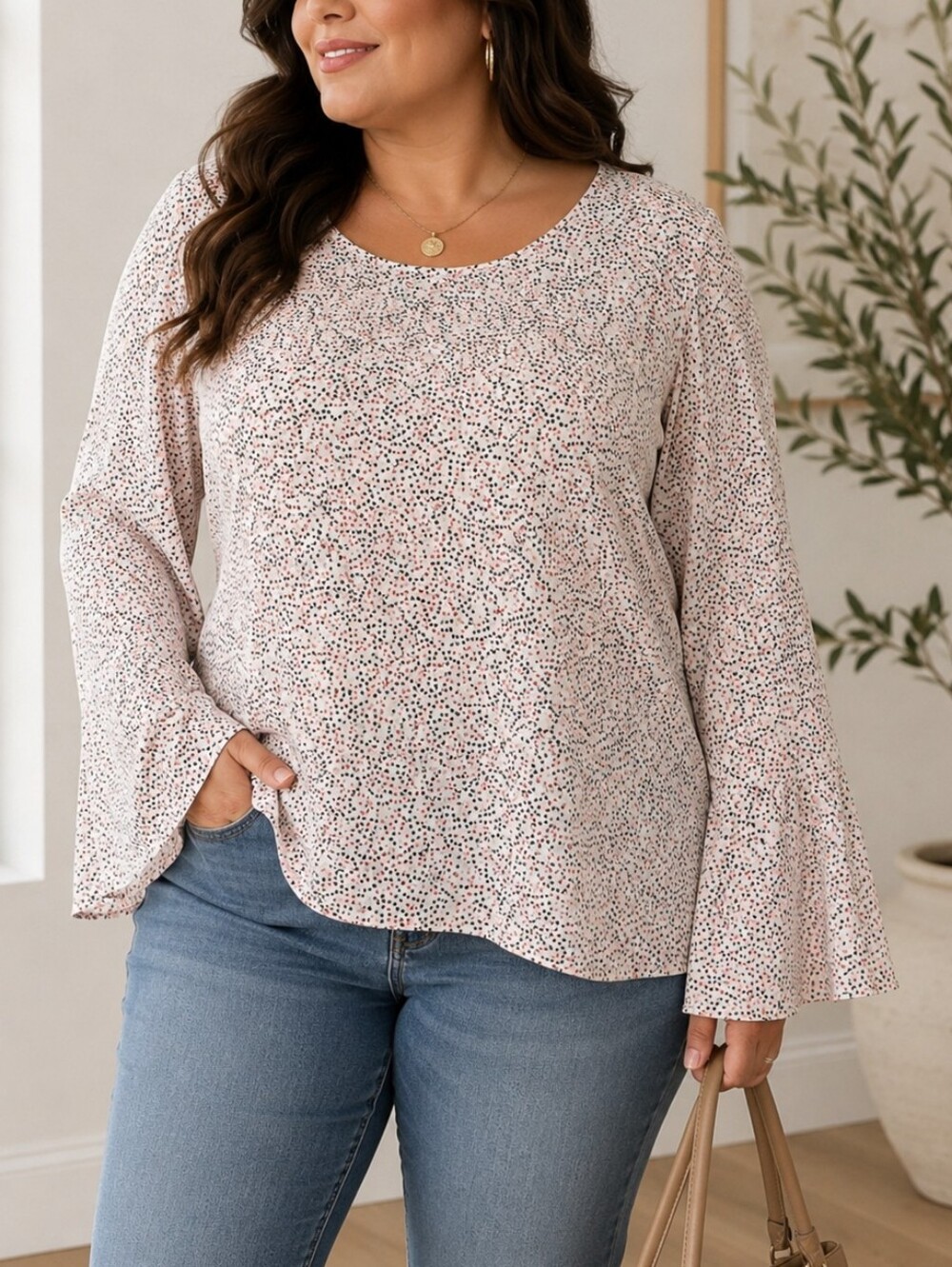 Max Studio Bell Sleeve Polka Dot Blouse XL White Pink Black LongSleeve Swing Top